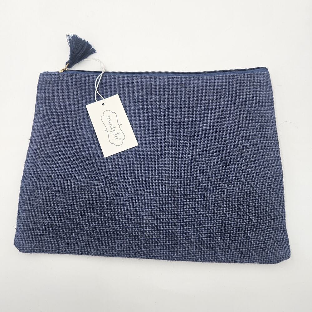 Mud Pie Navy Blue Natural Jute Carry All Case Tassle Zipper 9.5"×12" Boho Coast